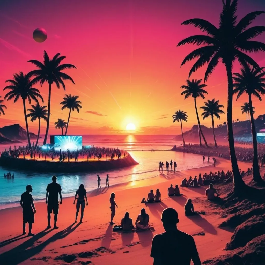 Prompt: Lots of images relating to rave music all compete for space on the page. The setting is sunset at a beach.