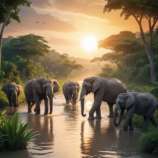 Prompt: The tropical jungle is mystical and full of wildlife and wild animals. The sun is setting. A river is visible. A herd of elephants March through the river.