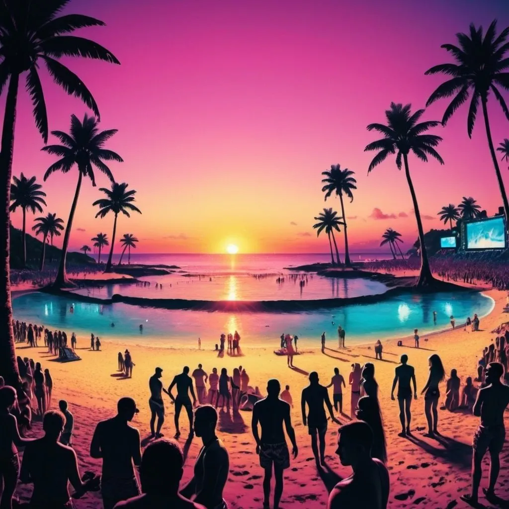 Prompt: Lots of images relating to rave music all compete for space on the page. The setting is sunset at a beach.