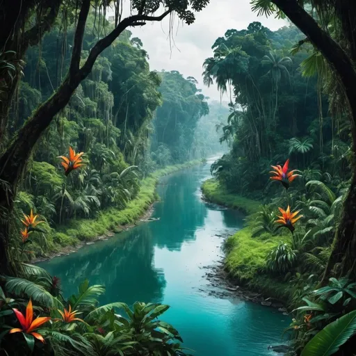 Prompt: A river runs in the center of the image. Either side of the river are very similar but complete opposites at the same time. The left side is beautiful and tropical and full of vibrant colour. The jungle is mystical looking and spooky.