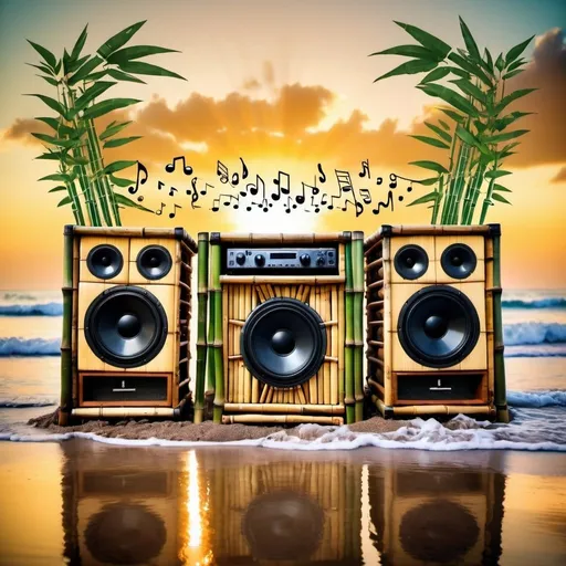 Prompt: A huge soundsystem made of bamboo sits on a beach. A big splash. Musical notes. Sunset. Psychedelic. Tropical. Melting