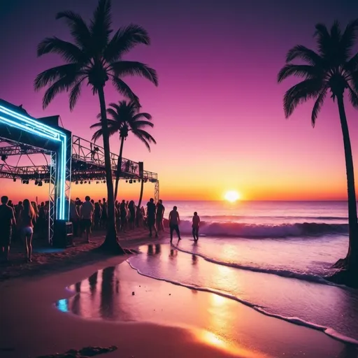 Prompt: Lots of images relating to rave music all compete for space on the page. The setting is sunset at a beach.