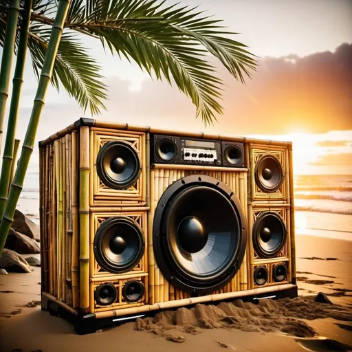 Prompt: A huge soundsystem made of bamboo sits on a beach. A big splash. Musical notes. Sunset. Psychedelic. Tropical. Melting