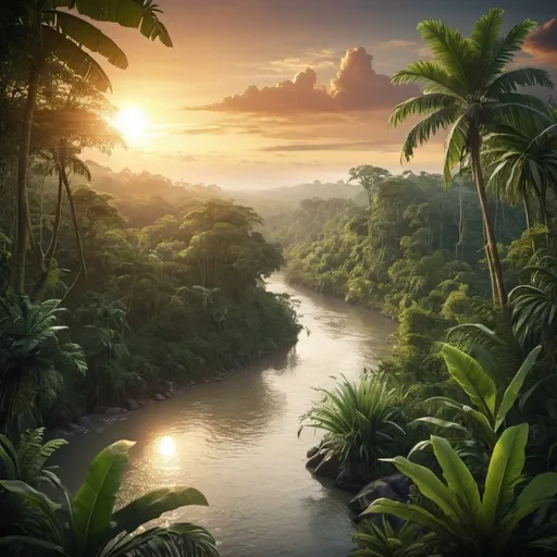 Prompt: The tropical jungle is mystical and full of wildlife and wild animals. The sun is setting. A river is visible.