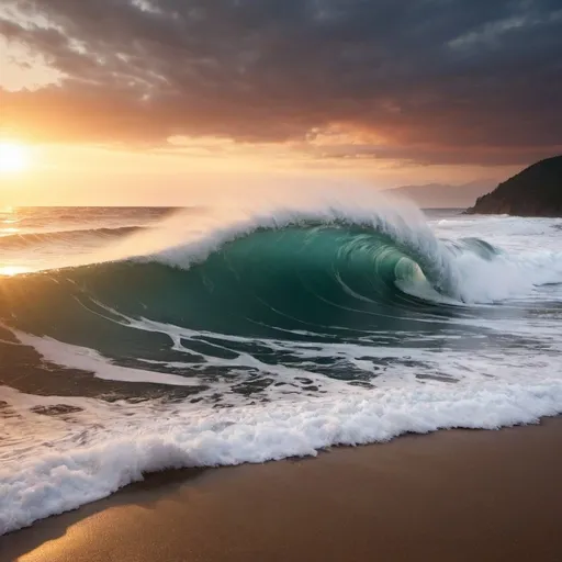 Prompt: A huge wave is coming. It is sunset on a beach.