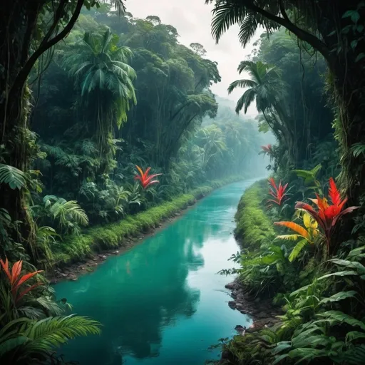 Prompt: A river runs in the center of the image. Either side of the river are very similar but complete opposites at the same time. The left side is beautiful and tropical and full of vibrant colour. The jungle is mystical looking and spooky.