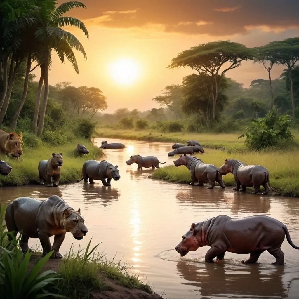 Prompt: The tropical jungle is mystical and full of wildlife and wild animals. The sun is setting. A river is visible. A pride of lions stalk theor territory. A group of hippos march through the river.