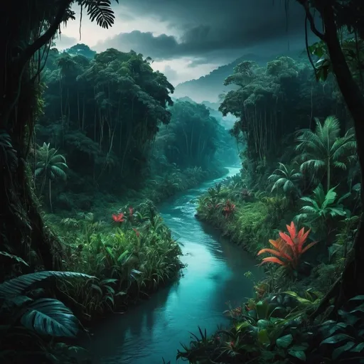 Prompt: A river runs in the middle of a jungle setting. On the left side of the river, the jungle is tropical and full of vibrant colour. On the right side of the river the jungle is is dark but glowing and haunted.