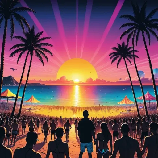 Prompt: Lots of images relating to rave music all compete for space on the page. The setting is sunset at a beach.