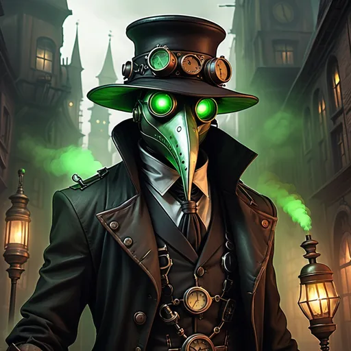 Prompt: Plague doctor and make it steampunk in a steampunk city and give it glowing green eyes