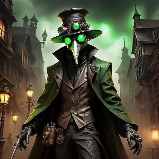 Prompt: Plague doctor and make it steampunk in a steampunk city and give it glowing green eyes