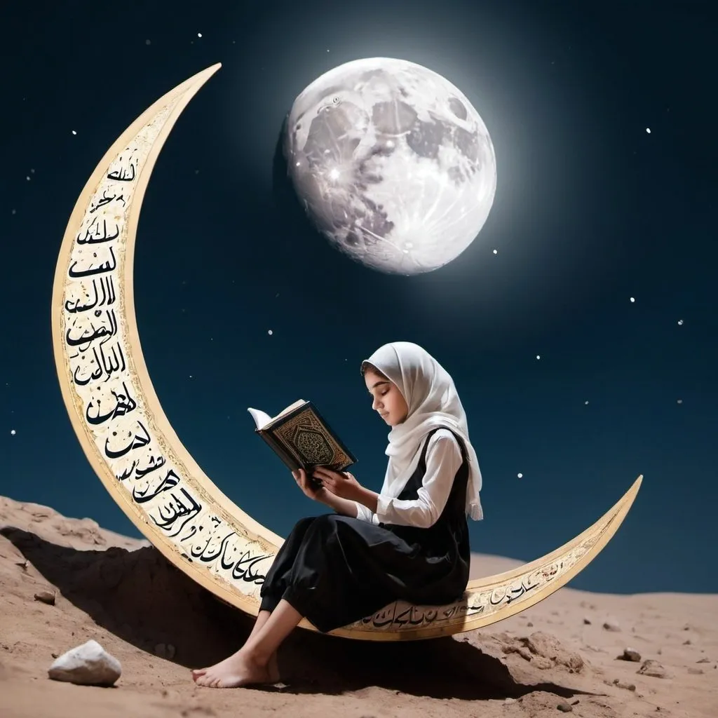 Prompt: a girl is sitting on the moon reading
 quran