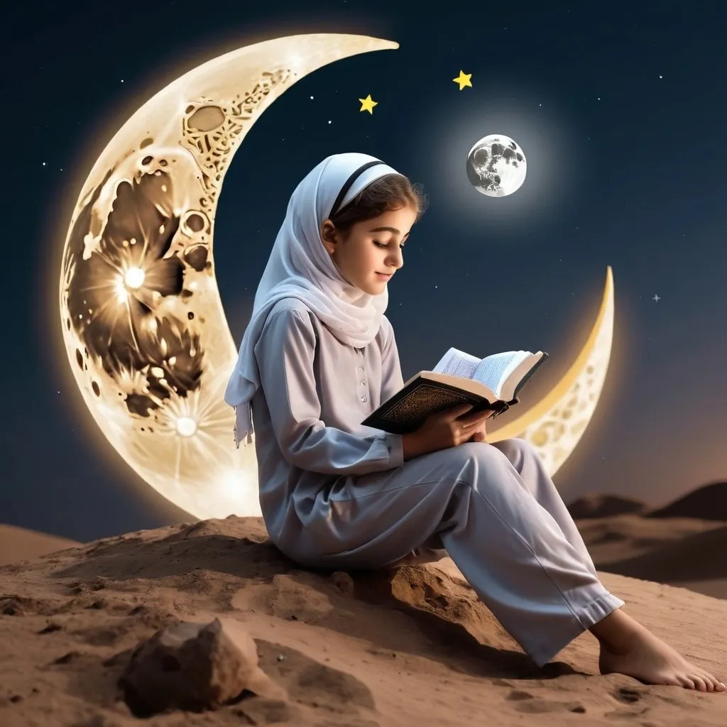 Prompt: a girl is sitting on the moon reading
 quran