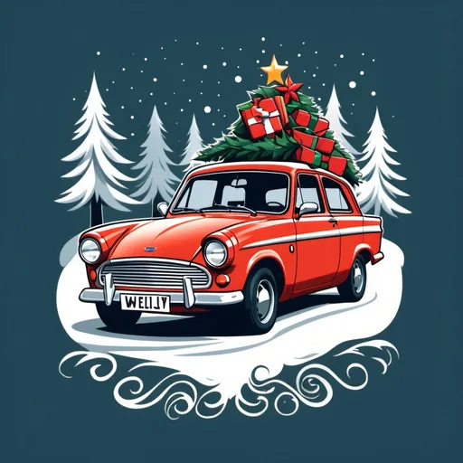 Prompt: weasley auto Ford Anglia 
weihnachten als t-shirt design, grafisches design für t-shirt