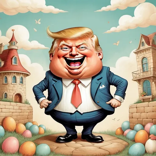 Prompt: vintage illustration of Donald Trump pretending to play Humpty Dumpty