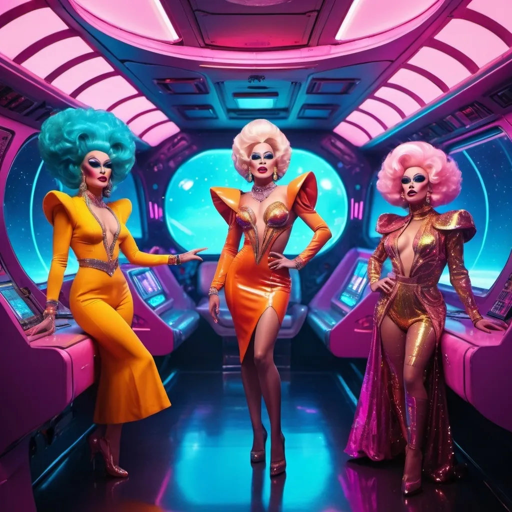 Prompt: Drag Queens on a spaceship, science-fiction, pulp style