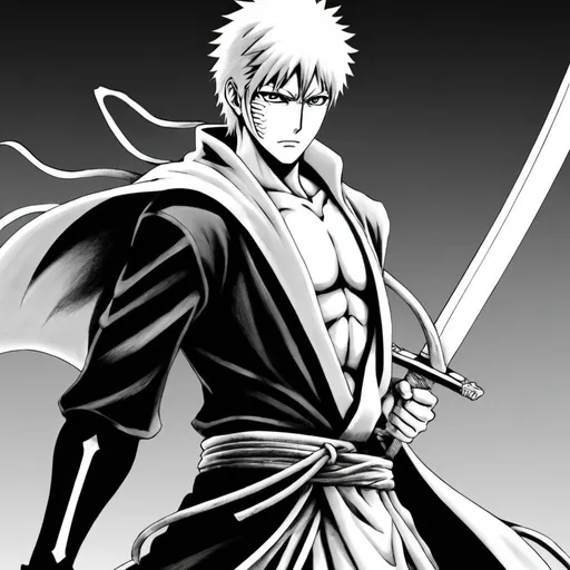Prompt: Draw ichigo from bleach.. very detailed manga artstyle like the manga. Very very very very detailed. It has to look like the actual ichigo and he has his bankai out. His whole body visible as he holds his blade out… very very very very detailed