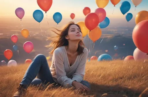 Prompt: (realism style), a lady gazing up on the left side of the picture, (warm color scheme), vibrant blue sky, countless colorful aerostatic balloons scattered throughout, festive facial expression, flowing hair catching a gentle breeze, serene atmosphere, vivid details, harmonious composition, ultra-detailed, captivating scene, high quality, dreamlike ambiance, lightweight clouds subtly drifting in the background.