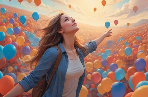 Prompt: (realism style), a lady gazing up on the left side of the picture, (warm color scheme), vibrant blue sky, countless colorful aerostatic balloons scattered throughout, festive facial expression, flowing hair catching a gentle breeze, serene atmosphere, vivid details, harmonious composition, ultra-detailed, captivating scene, high quality, dreamlike ambiance, lightweight clouds subtly drifting in the background.