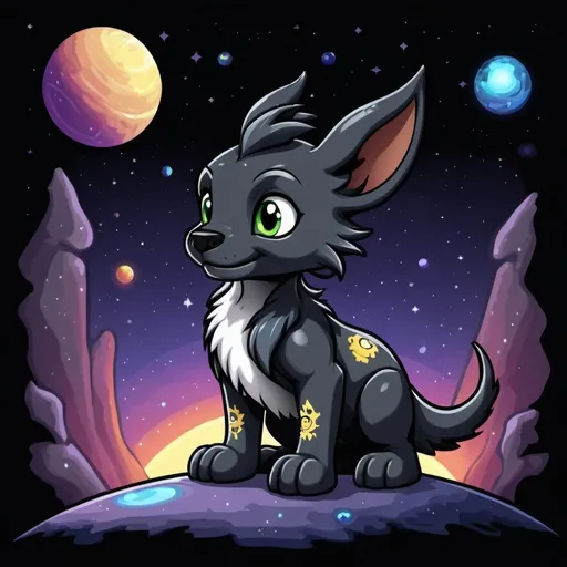 Prompt: Generate a pixel neopets banner with black gelert and space theme as background