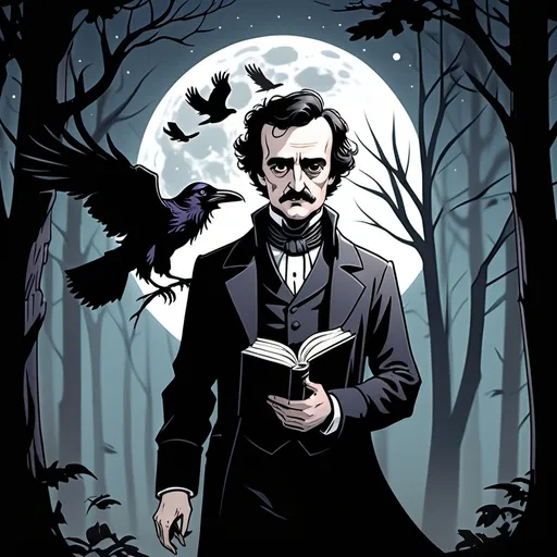 Prompt: A comic book strip the has an anime version of Edgar Allan Poe walking through the dark forest with a full moon in the sky as he has a raven on his shoulder, a book in his left hand and a feather quill in his right hand. 
