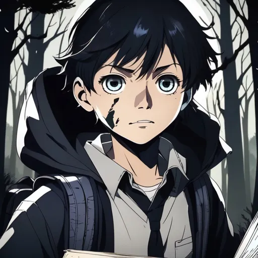 Prompt: 3d dark j horror anime style, boy, dark forest with the full moon in the sky scene, wearing a book bag filled with paper and books, while the character is holding a quill in one hand and ink well in the other. 