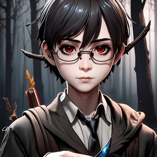 Prompt: 3d dark j horror anime style, boy, dark forest with the full moon in the sky scene, wearing a book bag filled with paper and books, while the character is holding a quill in one hand and ink well in the other. 