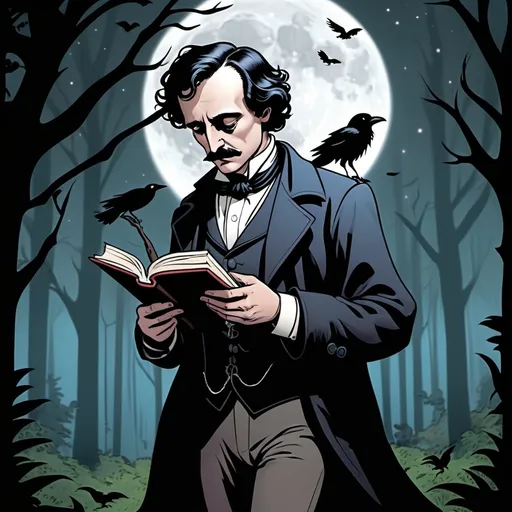 Prompt: A comic book strip the has an anime version of Edgar Allan Poe walking through the dark forest with a full moon in the sky as he has a raven on his shoulder, a book in his left hand and a feather quill in his right hand. 