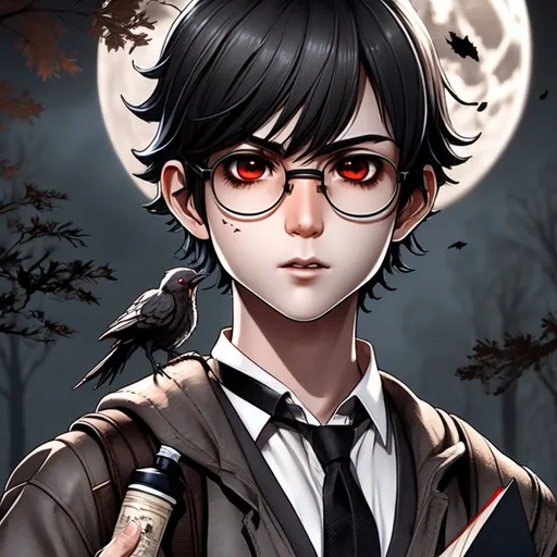 Prompt: 3d dark j horror anime style, young male adult, dark forest with the full moon in the sky scene, wearing a book bag filled with paper and books, while the character is holding a quill in one hand and ink well in the other. 