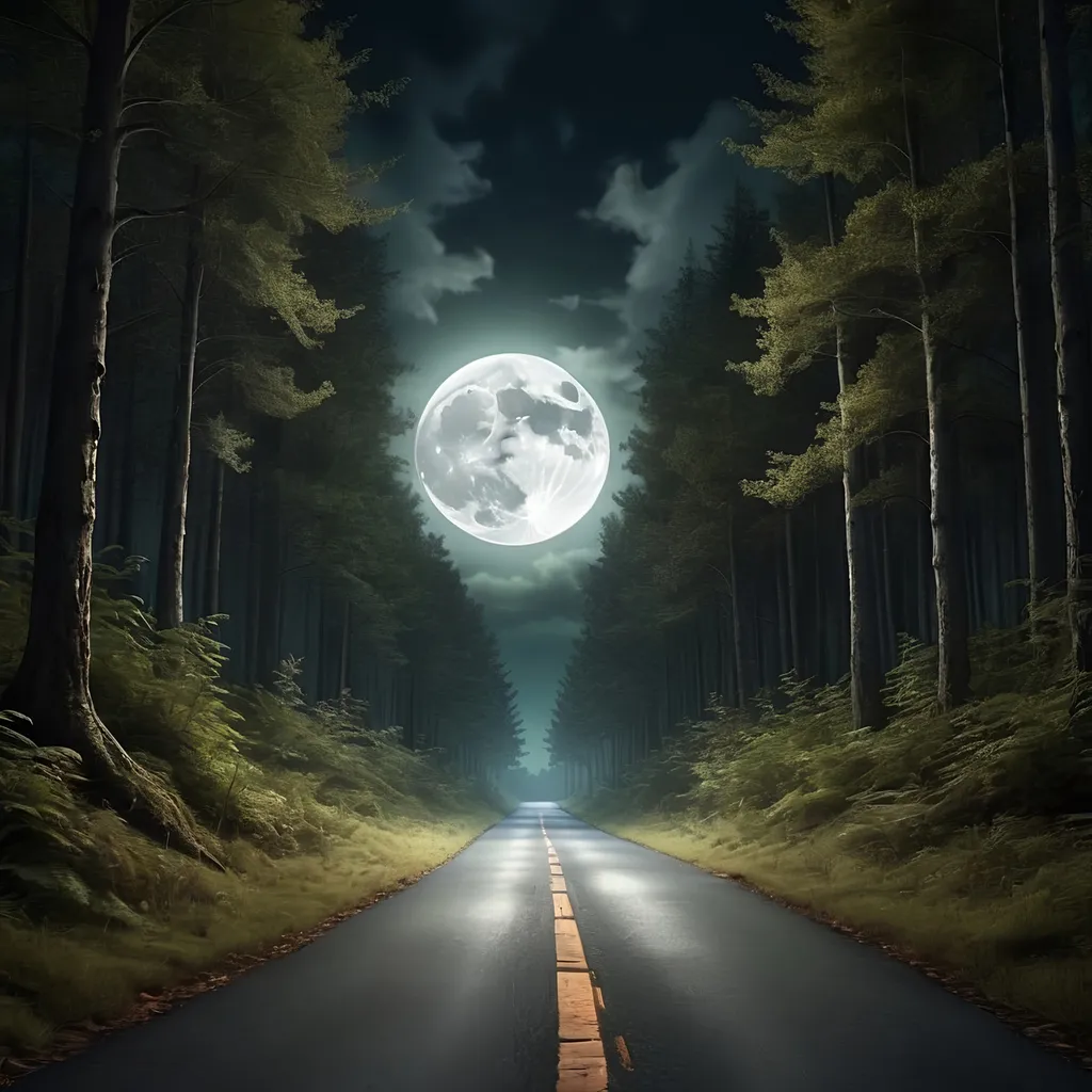 Prompt: a mysterious road leading into a dark forest with a large full moon high in the sky with light beaming down o to the road and forest, high quality, realistic 