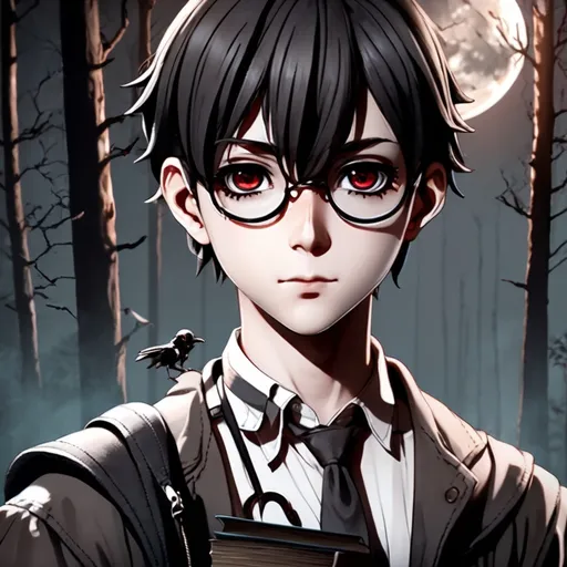 Prompt: 3d dark j horror anime style, young male adult, dark forest with the full moon in the sky scene, wearing a book bag filled with paper and books, while the character is holding a quill in one hand and ink well in the other. 