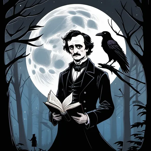 Prompt: A comic book strip the has an anime version of Edgar Allan Poe walking through the dark forest with a full moon in the sky as he has a raven on his shoulder, a book in his left hand and a feather quill in his right hand. 