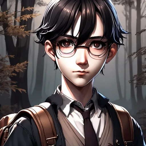 Prompt: 3d dark j horror anime style, young male adult, dark forest with the full moon in the sky scene, wearing a book bag filled with paper and books, while the character is holding a quill in one hand and ink well in the other. 