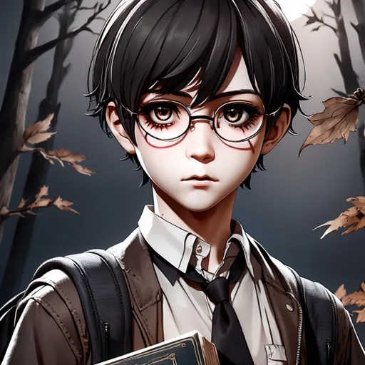 Prompt: 3d dark j horror anime style, boy, dark forest with the full moon in the sky scene, wearing a book bag filled with paper and books, while the character is holding a quill in one hand and ink well in the other. 