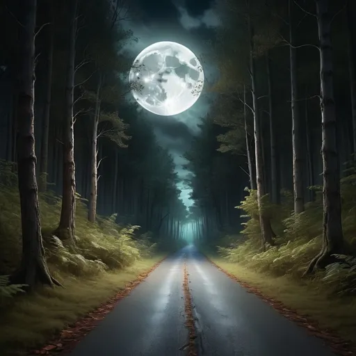 Prompt: a mysterious road leading into a dark forest with a large full moon high in the sky with light beaming down o to the road and forest, high quality, realistic 