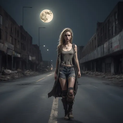 Prompt: Tall young woman walking down the high street, detailed clothing, realistic, natural lighting post apocalyptic scenery abandoned highway showing age and debri at night with a large full moon showing in the skyline
