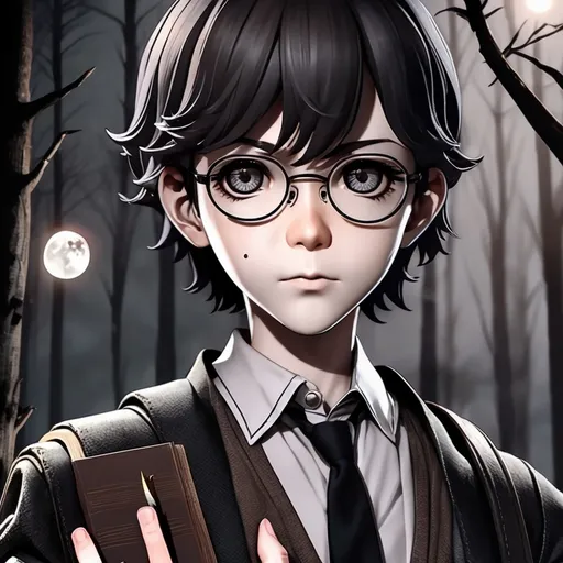 Prompt: 3d dark j horror anime style, boy, dark forest with the full moon in the sky scene, wearing a book bag filled with paper and books, while the character is holding a quill in one hand and ink well in the other. 