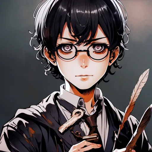 Prompt: 2d dark j horror anime style, boy, anime scene, holding a quill in one hand and ink well in the other. 