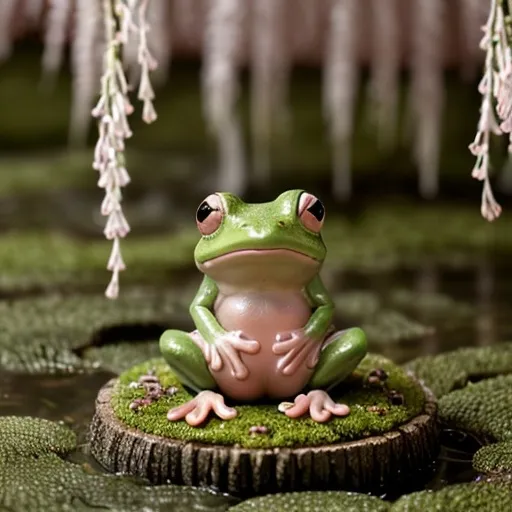 Prompt: A frog sitting on the moss covered base of a whimsical weeping willow tree with pale pink and blush colored petals falling around the subject and mushrooms surrounding the Missy area
