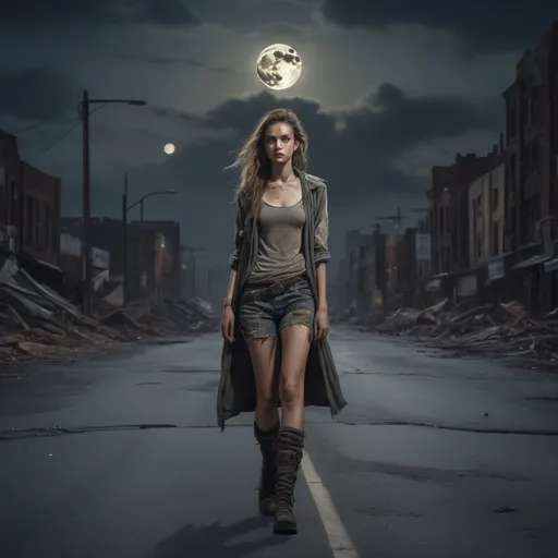 Prompt: Tall young woman walking down the high street, detailed clothing, realistic, natural lighting post apocalyptic scenery abandoned highway showing age and debri at night with a large full moon showing in the skyline
