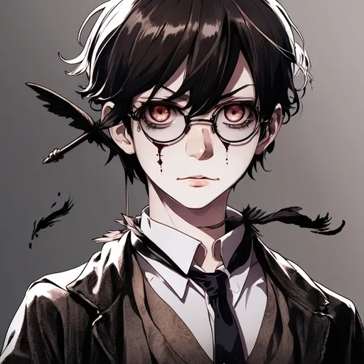 Prompt: 2d dark j horror anime style, boy, anime scene, holding a quill in one hand and ink well in the other. 