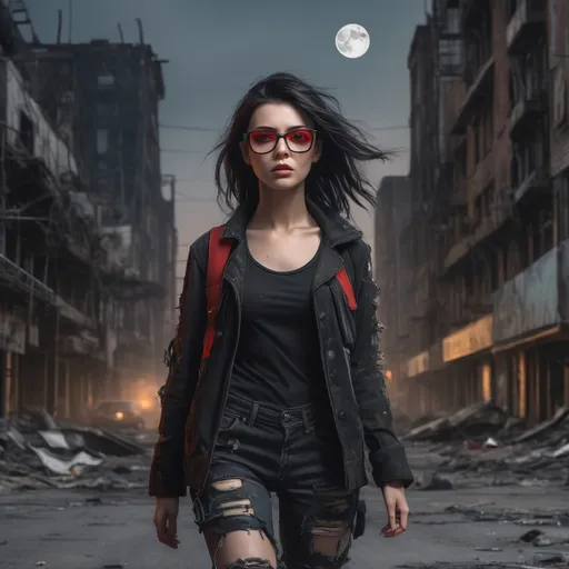 Prompt: Tall fuller figured young woman with jet black hair with red highlights, wearing black glasses, walking down the high street, detailed clothing, realistic, natural lighting post apocalyptic scenery abandoned highway showing age and debris at night with a large full moon showing in the skyline
