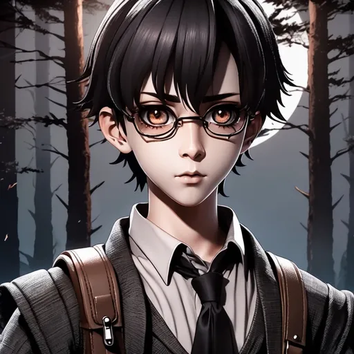 Prompt: 3d dark j horror anime style, boy, dark forest with the full moon in the sky scene, wearing a book bag filled with paper and books, while the character is holding a quill in one hand and ink well in the other. 