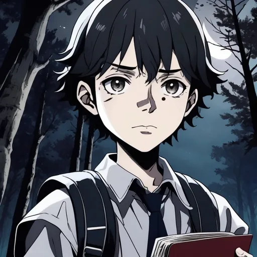 Prompt: 3d dark j horror anime style, boy, dark forest with the full moon in the sky scene, wearing a book bag filled with paper and books, while the character is holding a quill in one hand and ink well in the other. 
