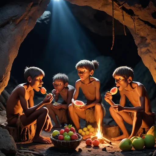 Prompt: A group of primitive people eating fruits, night, cave, firewood