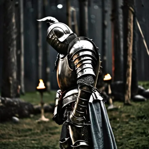 Prompt: lonely, tired knight, high quality, high resolution, detailed armor, weary expression, medieval setting, moody lighting