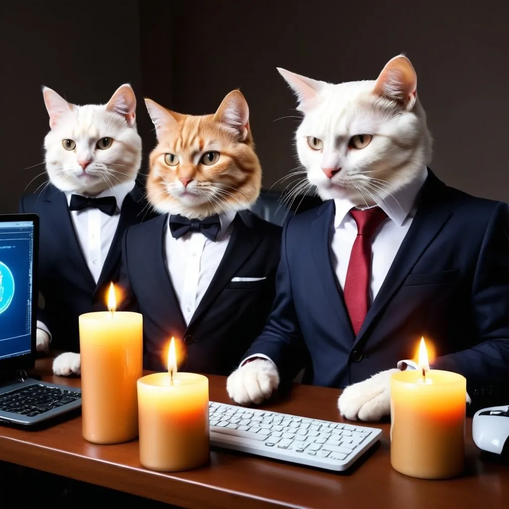 Prompt: Three cats in suits while trading computer digital currency and digital currency candles 