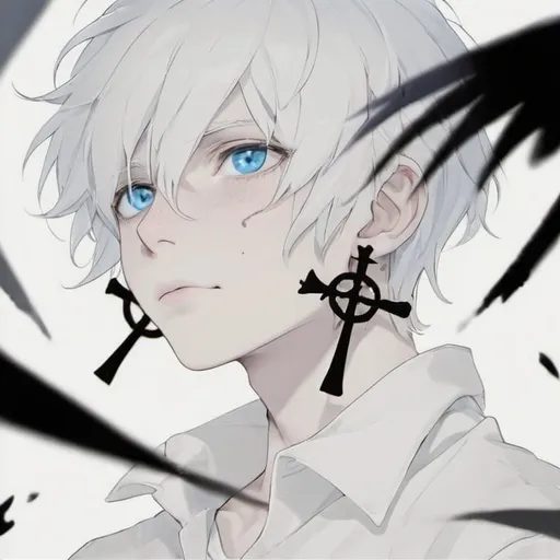 Prompt: A white haired boy, white skin, blue eyes, scar on one eye, white clothing, laying in the bed looking up