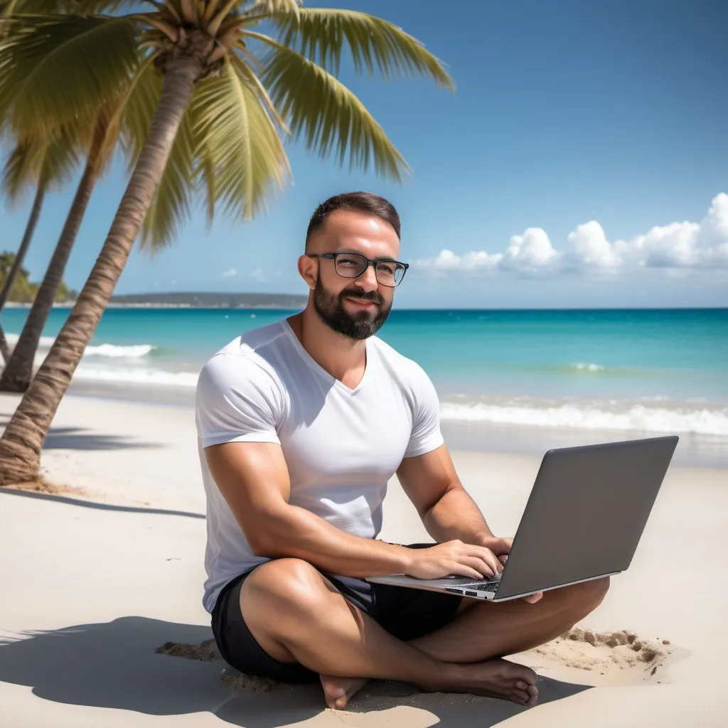 Prompt: Create me a successful affiliate marketer, sitting on a beach with a laptop, surrounded by palm trees and a crystal-clear ocean