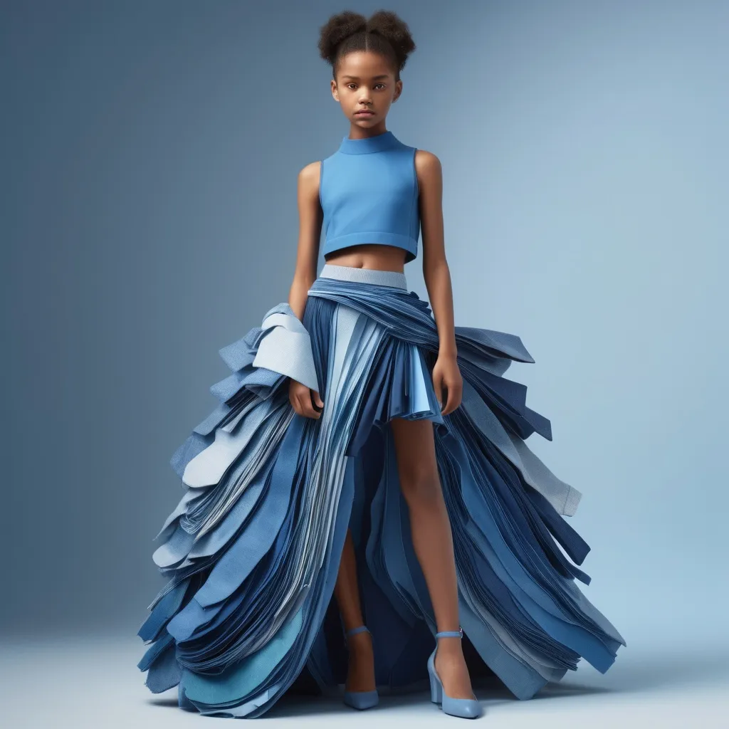 Prompt: A hyperrealistic girl in a two-piece suit with a long skirt made from recycled fabrics and a matching top, also made from scraps of fabric in shades of blue. The skirt has volume with fabric strands, and the top is joined with a strap in the center of the skirt. The cut is modern and on-trend.